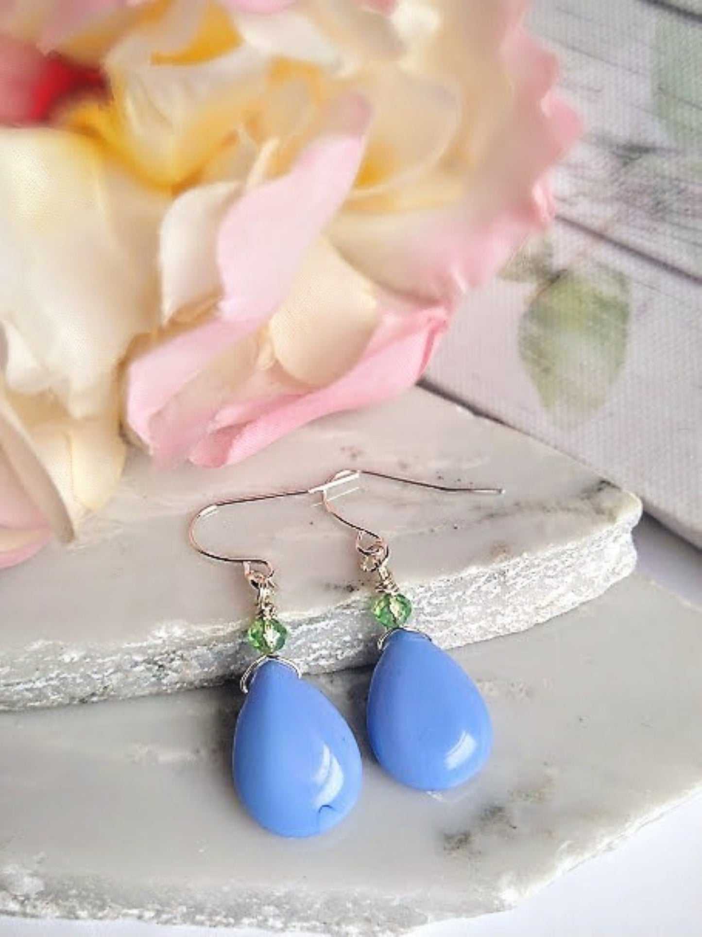 Blue Porcelain Earrings, Blue Teardrop Dangle Earrings, Minimalist Earrings Gold or Silver, Dainty Gemstone Jewelry Gift - Bad Apple Designs Jewelry