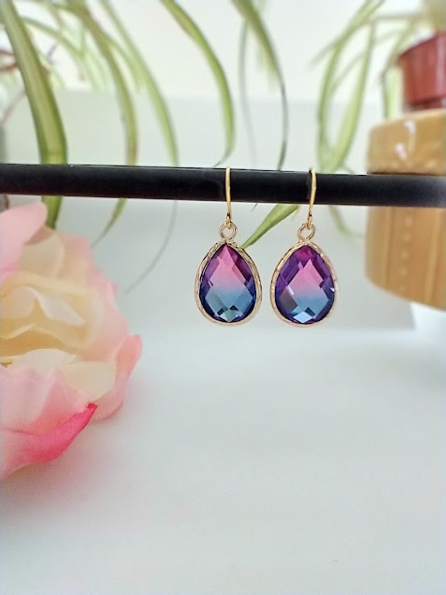 Blue & Purple Gold Glass Teardrop Dangle Earrings, Minimalist Style, Bridal Drop Earrings, Multi Color - Bad Apple Designs Jewelry