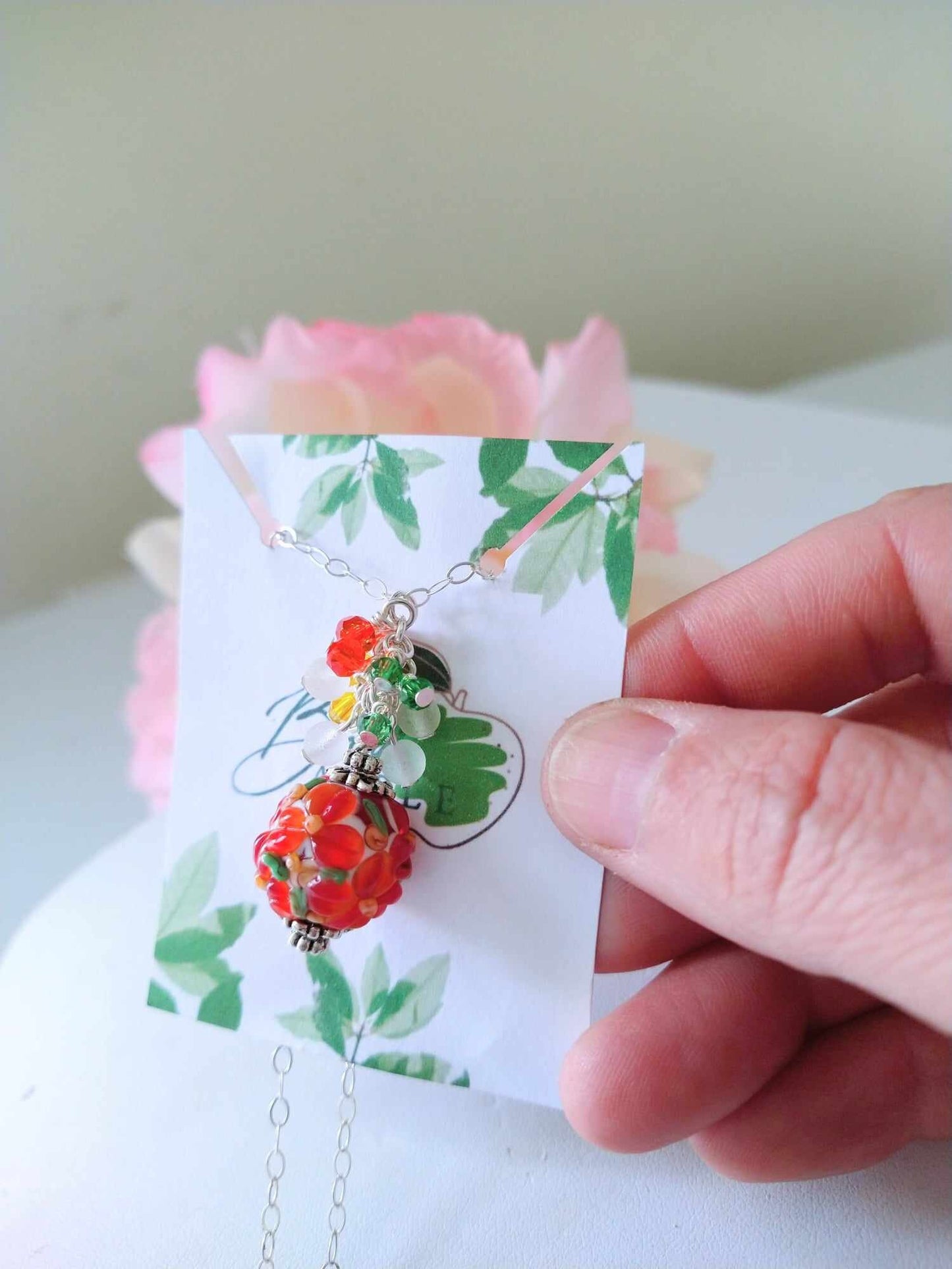 Floral Lampwork Glass Floral Pendant Necklace, Sterling Silver, Nature Lover's Gift, Fashion Jewelry, Sterling Silver Necklace