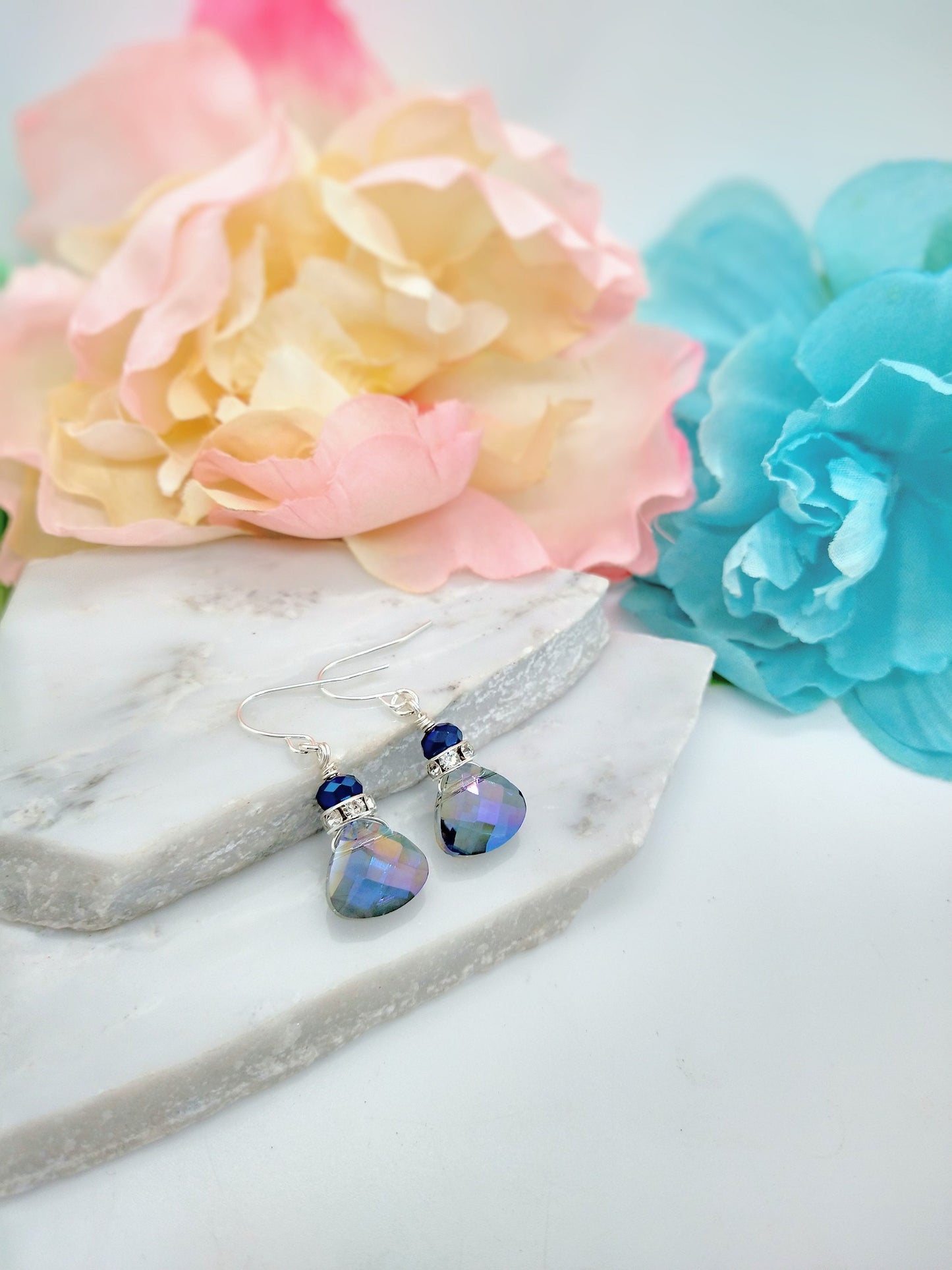Faceted Metallic Blue Crystal Teardrop Silver Dangle Earrings, Ladies Bridal Earrings, Crystal Drops