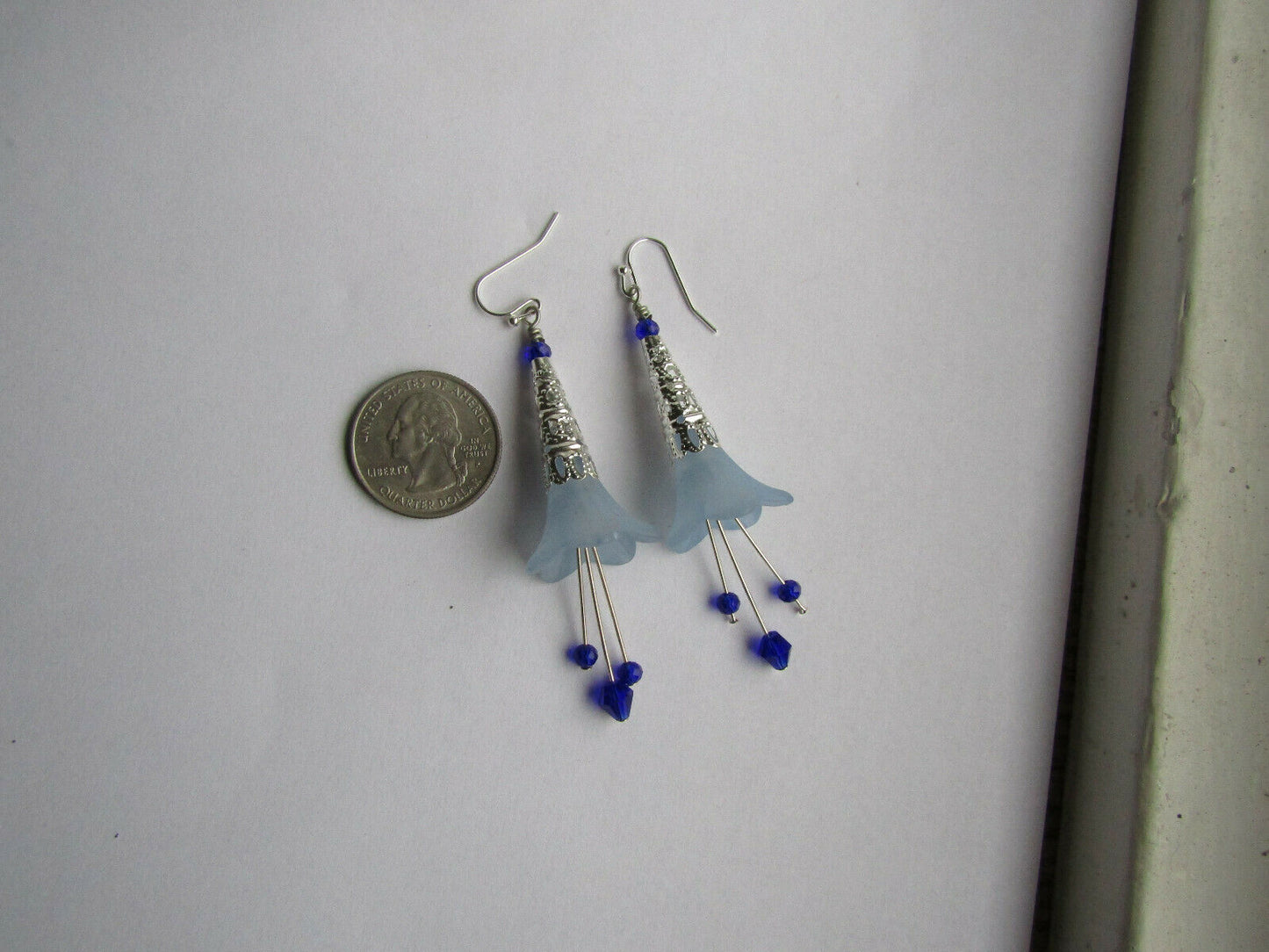 Flower Earrings Dark Blue Dangle Lucite Trumpet Lily Silver Plated Usa Handmade - Bad Apple Designs Jewelry