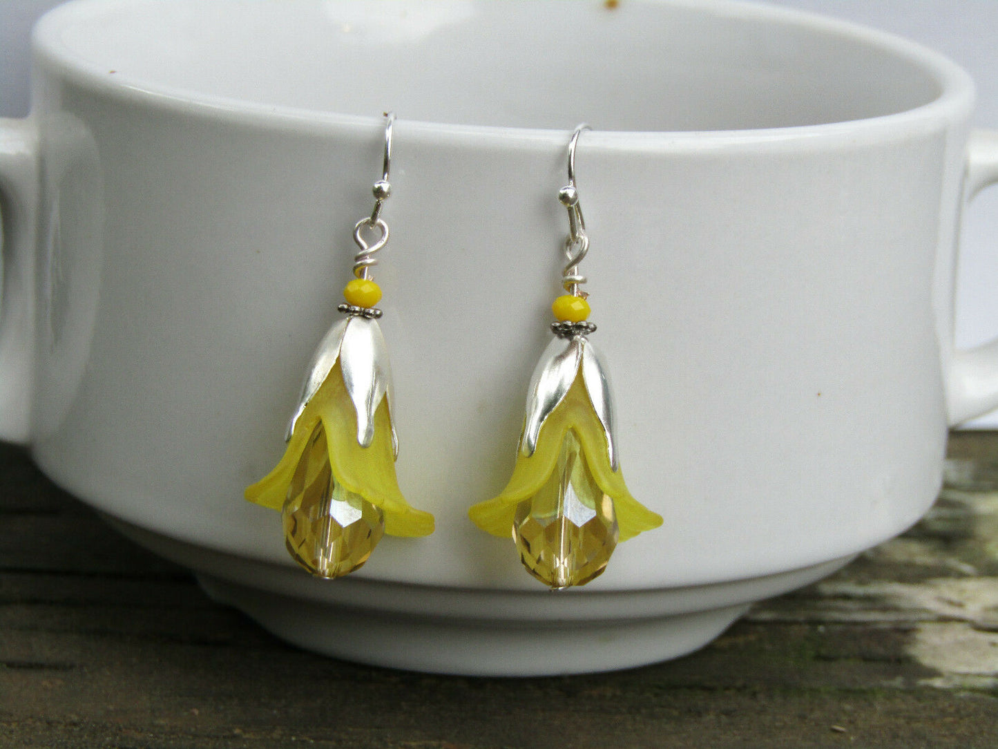 Flower Earrings Yellow Tulip Cala Lily Silver Dangle Earrings Sparkling Crystal - Bad Apple Designs Jewelry