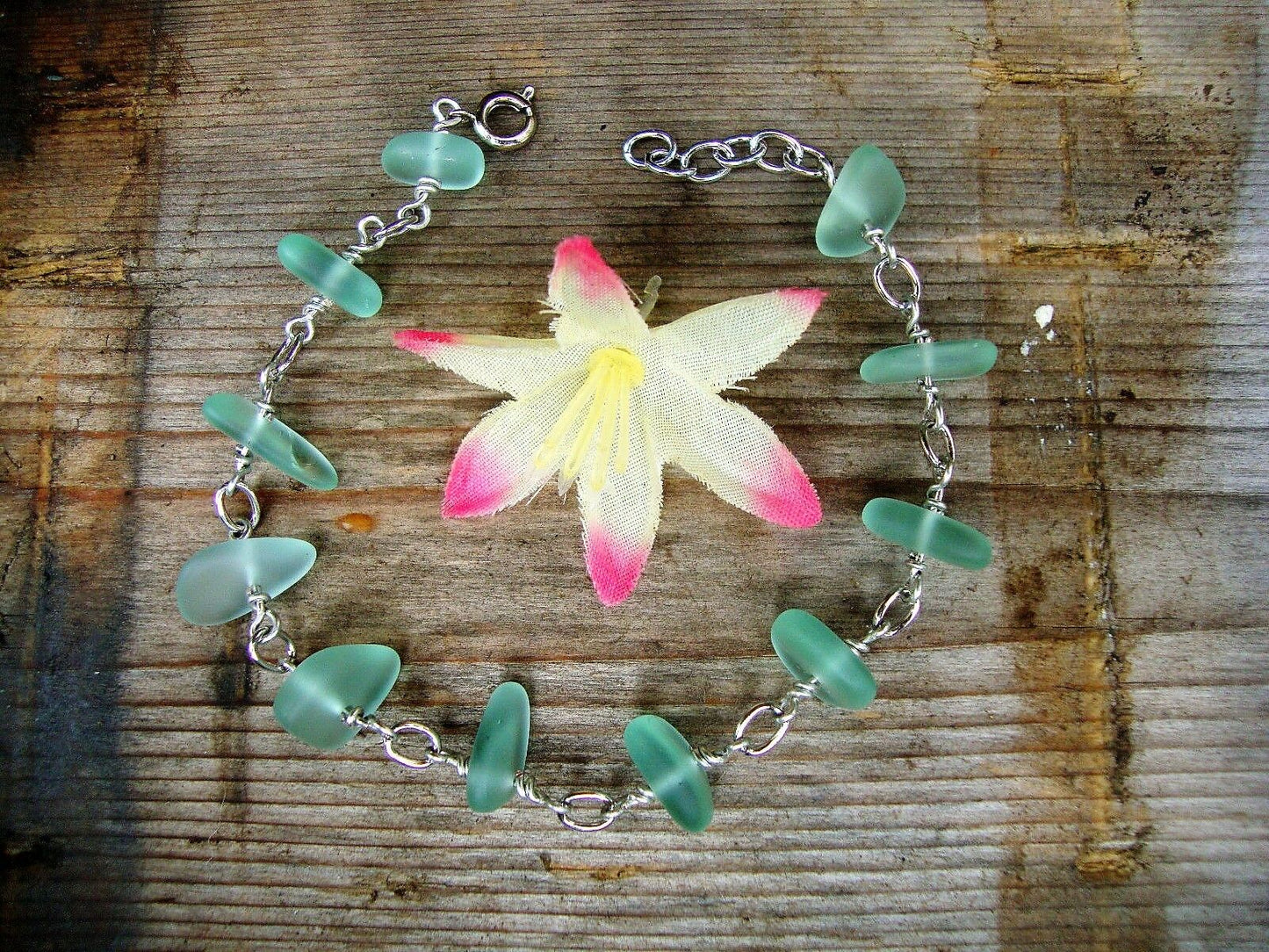Sea Glass Silver Link Chain Bracelet