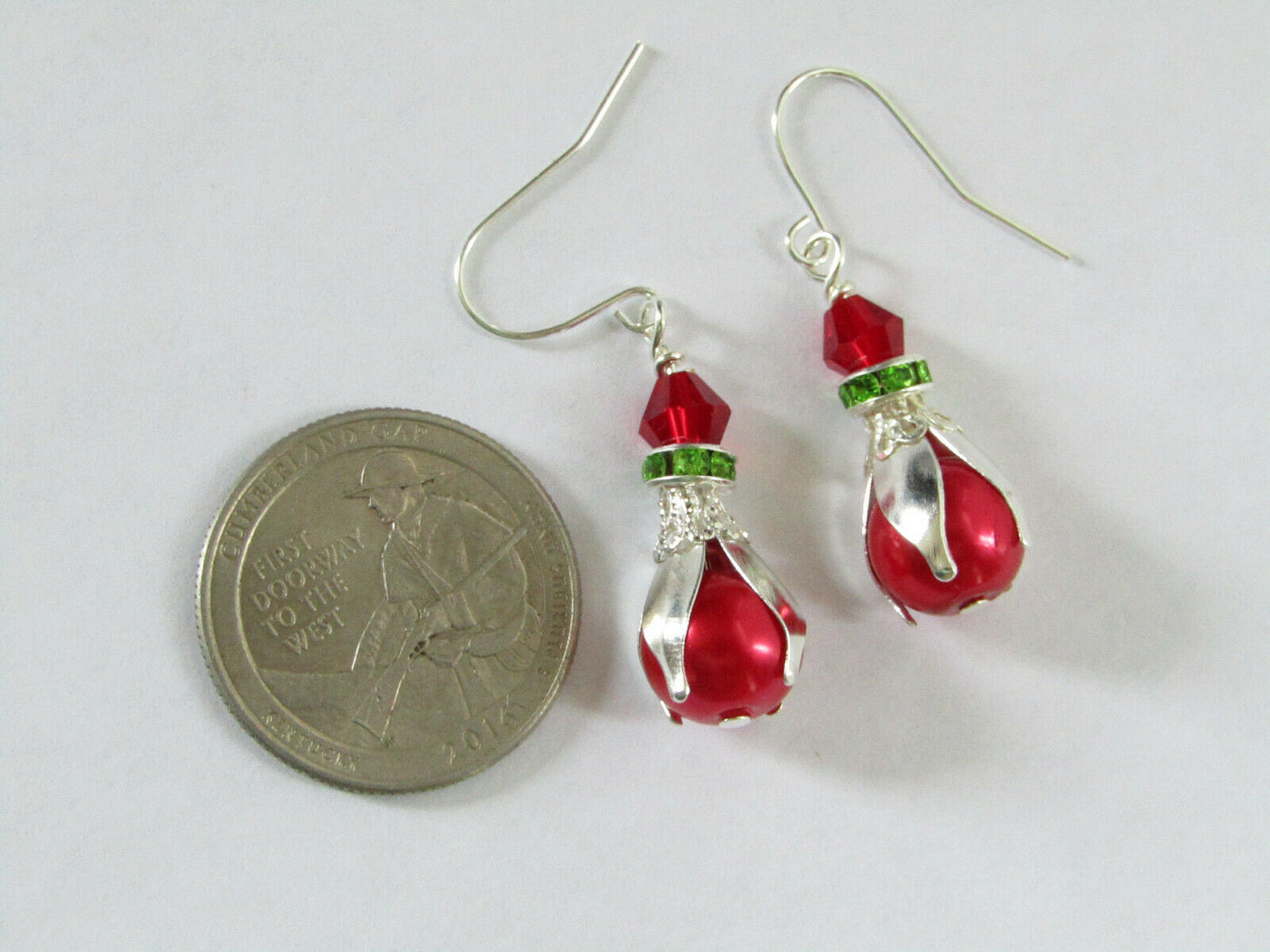Red Glass Pearl Green Crystal Christmas Holiday Earrings Silver - Bad Apple Designs Jewelry