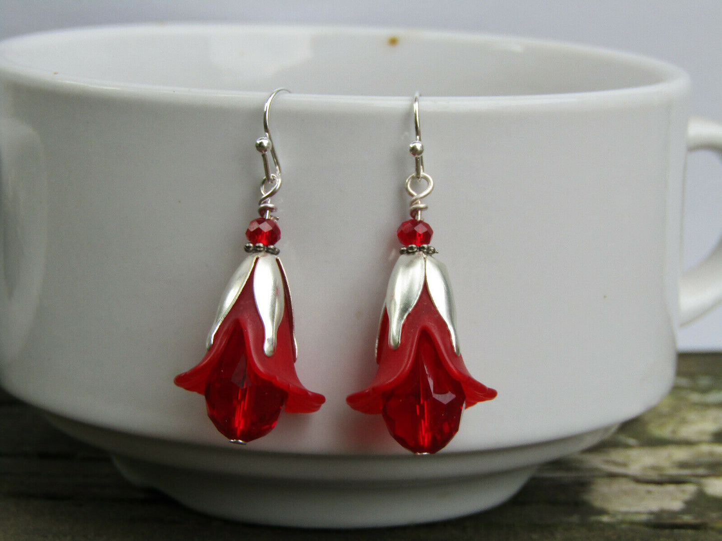 Flower Earrings Red Tulip Cala Lily Silver Dangle Earrings Sparkling Crystal - Bad Apple Designs Jewelry