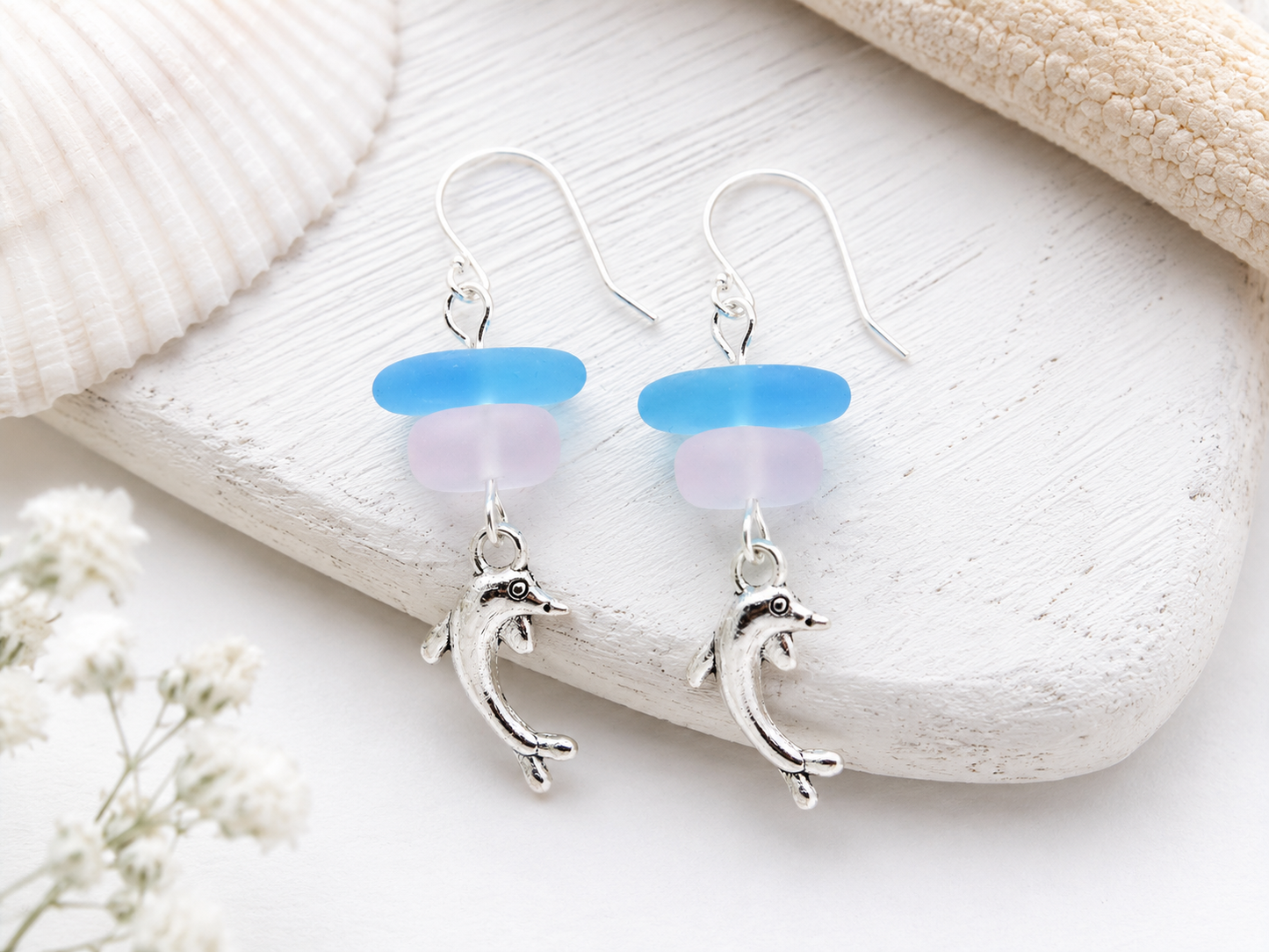 Dolphin Earrings: Frosted Seaglass & Silver Charm Jewelry