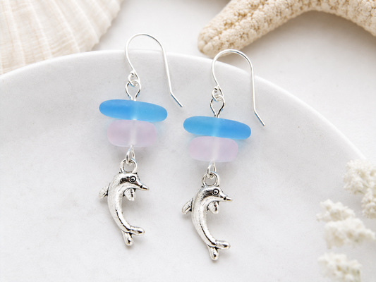 Dolphin Earrings: Frosted Seaglass & Silver Charm Jewelry