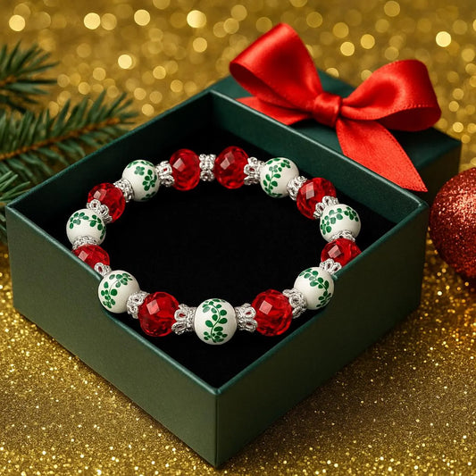 Floral Christmas Bracelet Christmas Stretch Bracelet Stocking Stuffer Gift For Her Festive Christmas Gift Holiday Jewelry