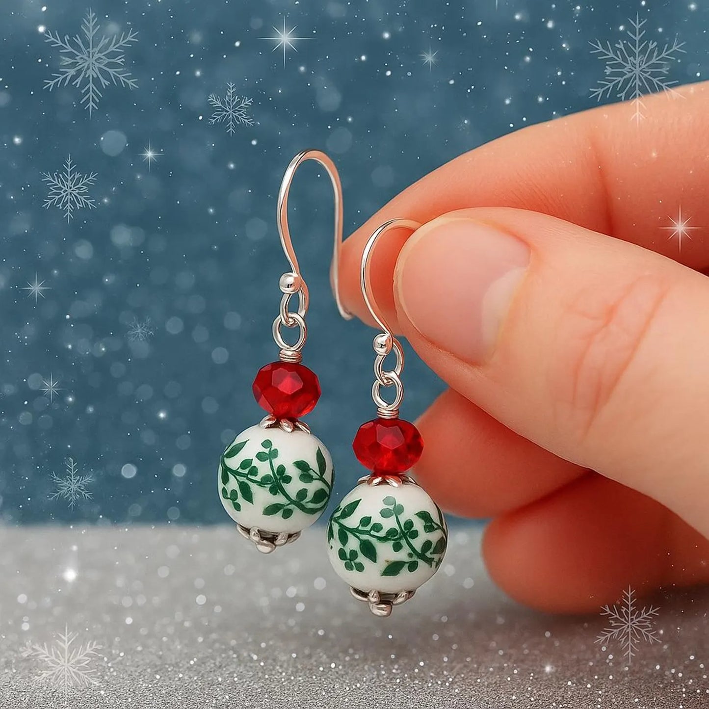 Floral Christmas Earrings Christmas Dangle Earrings Stocking Stuffer Gift For Her Festive Christmas Jewelry Holiday Earrings Sterling Silver