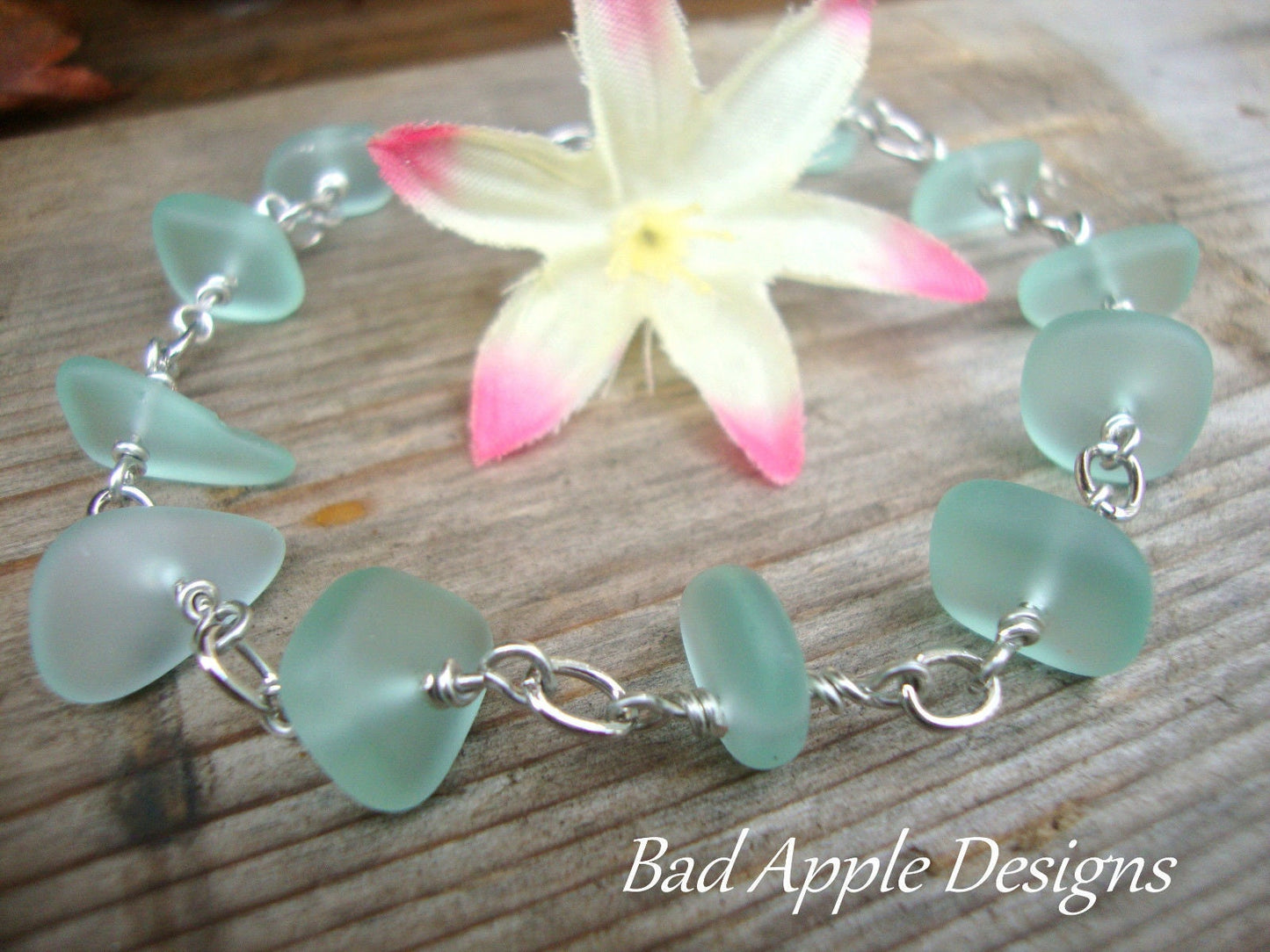 Handmade Aqua Sea Glass Bracelet: Silver Chain, Beach Wedding Jewelry