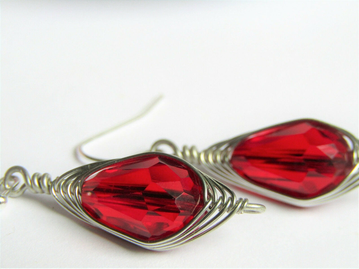 Handmade Red Crystal Teardrop Earrings: Silver Wire Wrapped Dangles