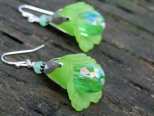 Handmade Silver Green Lucite Flower Earrings: Crystal Dangle Jewelry