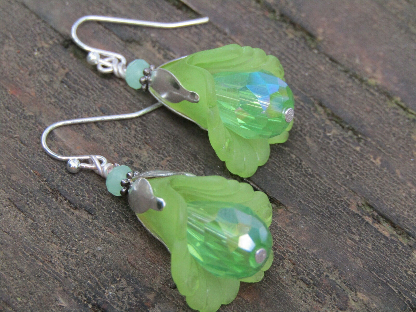 Handmade Silver Green Lucite Flower Earrings: Crystal Dangle Jewelry