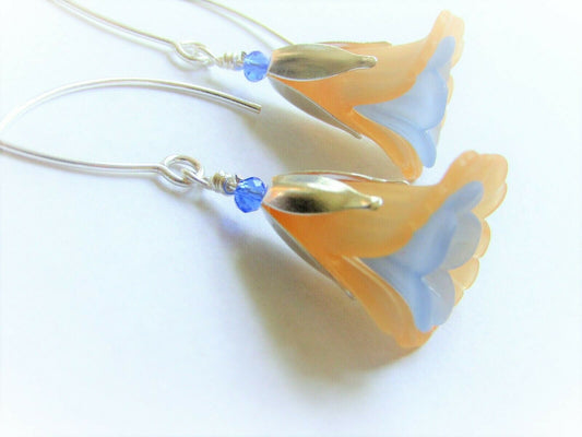 Handmade Orange & Blue Flower Earrings: Lucite Crystal Dangles
