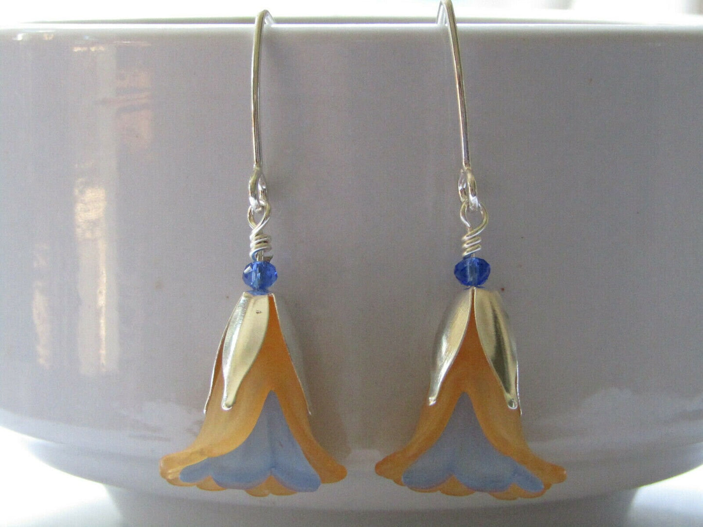 Handmade Orange & Blue Flower Earrings: Lucite Crystal Dangles