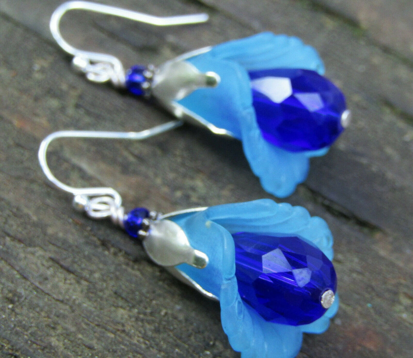 Handmade Blue Lily Earrings: Lucite Crystal Teardrop Dangle