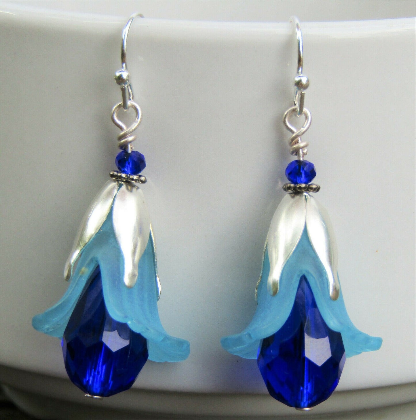 Handmade Blue Lily Earrings: Lucite Crystal Teardrop Dangle
