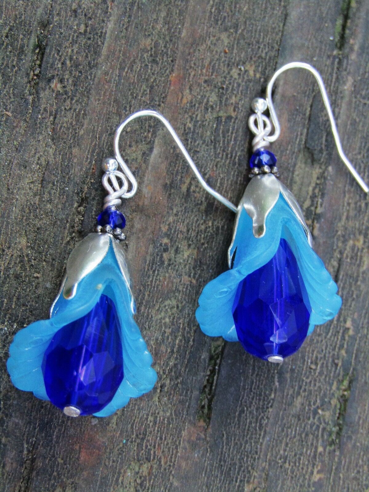 Handmade Blue Lily Earrings: Lucite Crystal Teardrop Dangle