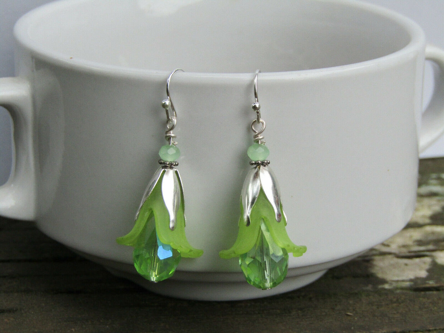 Handmade Silver Green Lucite Flower Earrings: Crystal Dangle Jewelry