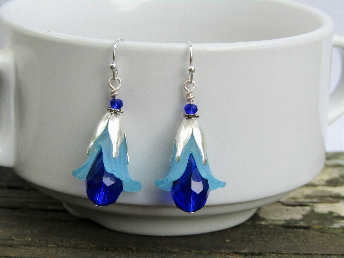 Handmade Blue Lily Earrings: Lucite Crystal Teardrop Dangle