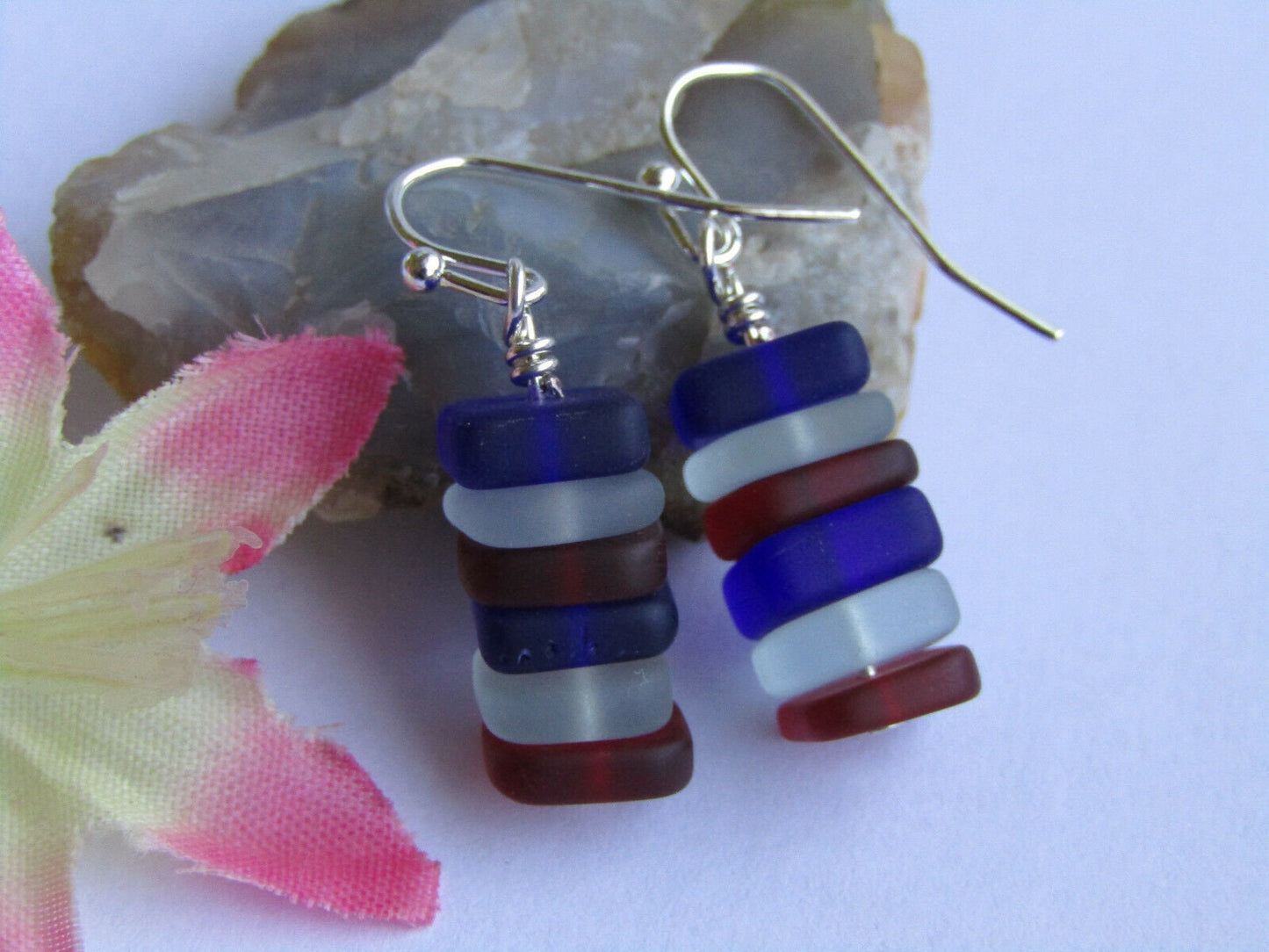 Handmade Stacked Sea Glass Earrings: Sterling Silver, Red, White & Blue