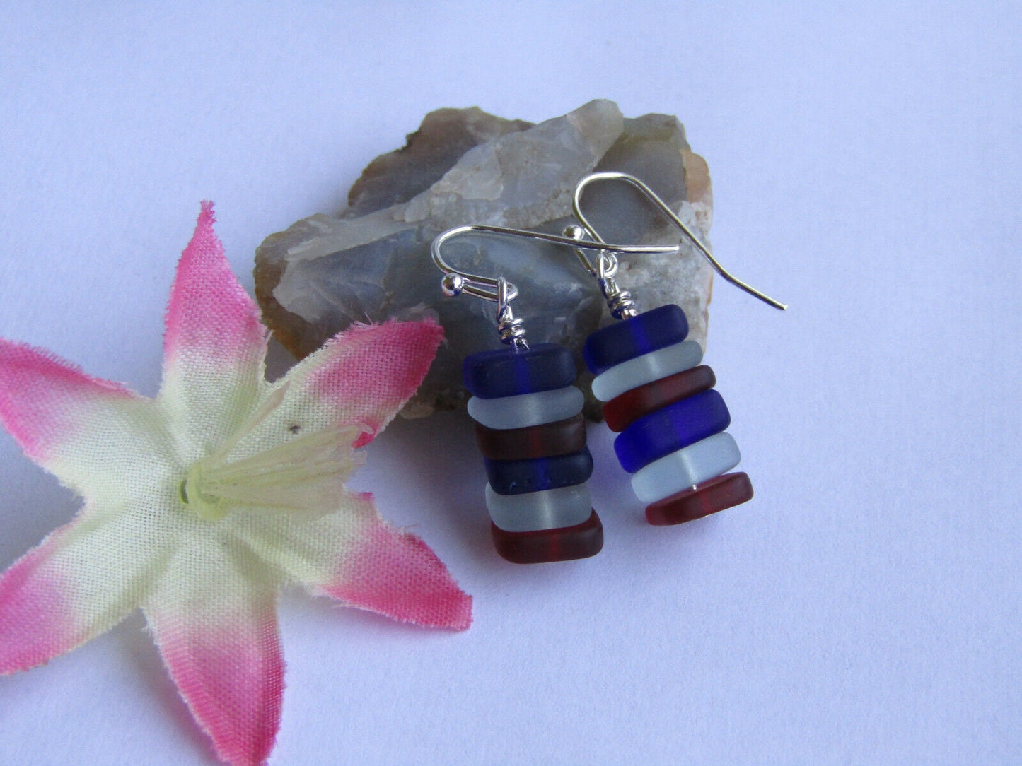 Handmade Stacked Sea Glass Earrings: Sterling Silver, Red, White & Blue