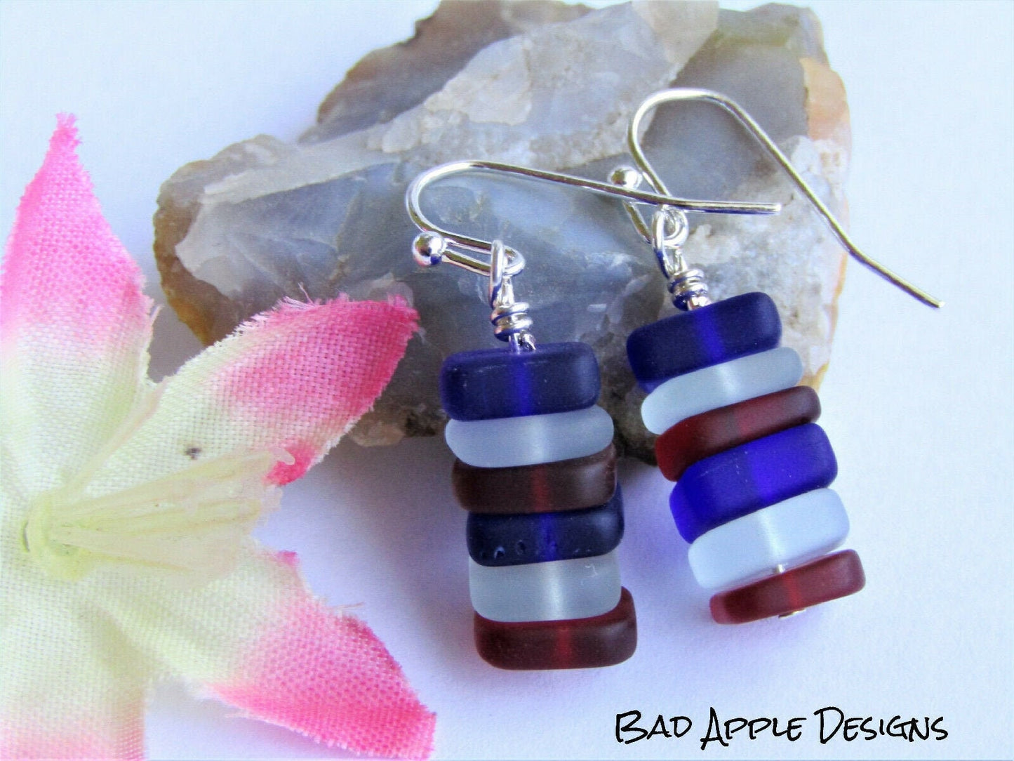 Handmade Stacked Sea Glass Earrings: Sterling Silver, Red, White & Blue