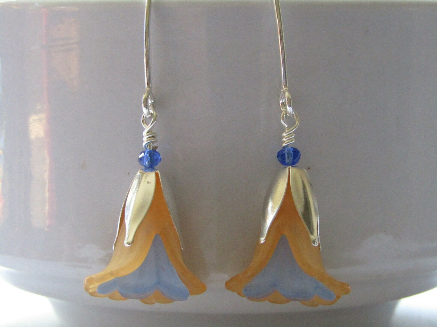 Handmade Orange & Blue Flower Earrings: Lucite Crystal Dangles