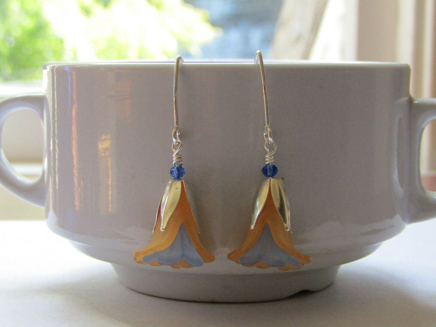 Handmade Orange & Blue Flower Earrings: Lucite Crystal Dangles