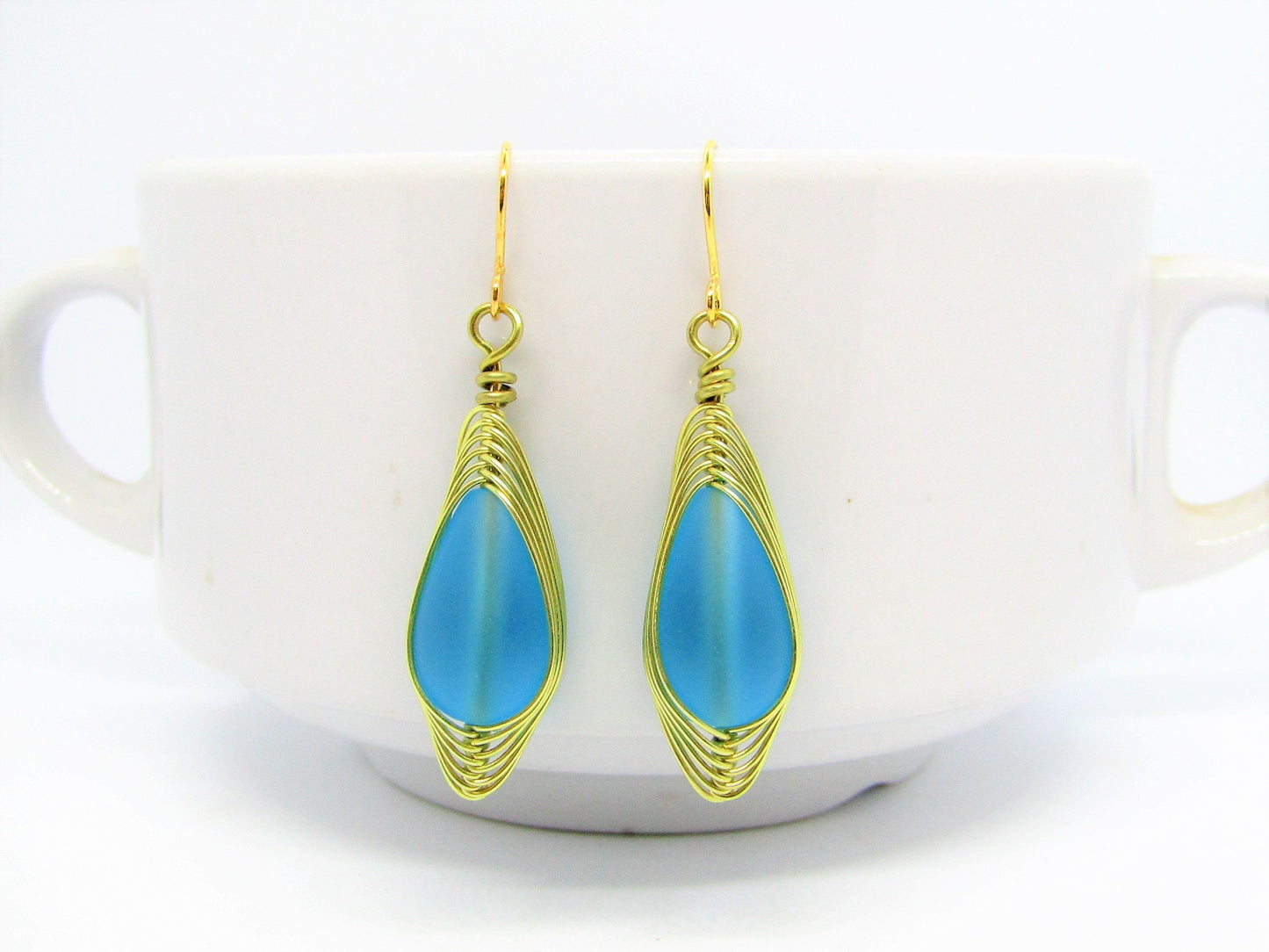 14k Gold Plated Teardrop Earrings: Frosted Sea Glass Dangle