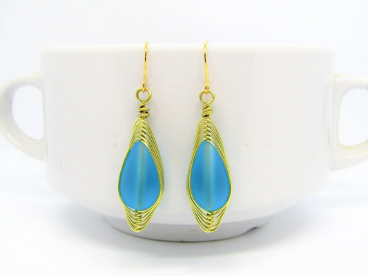 14k Gold Plated Teardrop Earrings: Frosted Sea Glass Dangle