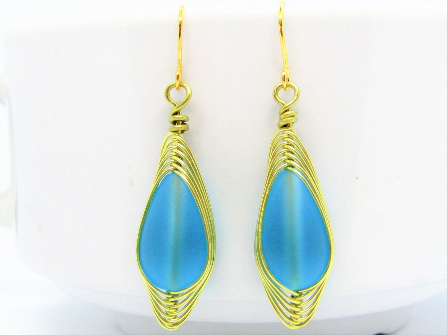 14k Gold Plated Teardrop Earrings: Frosted Sea Glass Dangle