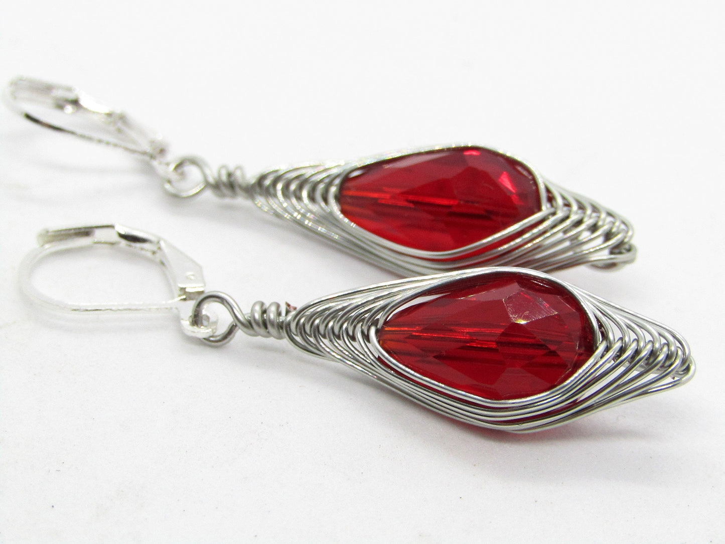 Handmade Red Crystal Teardrop Earrings: Silver Wire Wrapped Dangles