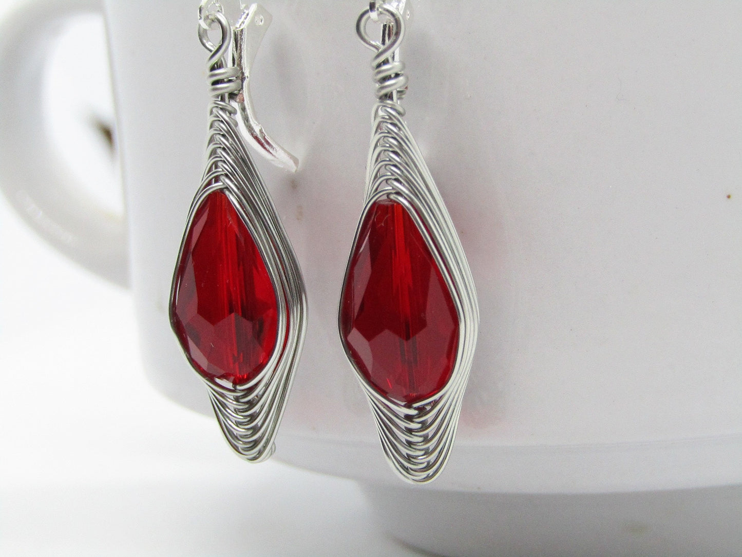Handmade Red Crystal Teardrop Earrings: Silver Wire Wrapped Dangles