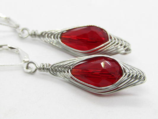 Handmade Red Crystal Teardrop Earrings: Silver Wire Wrapped Dangles