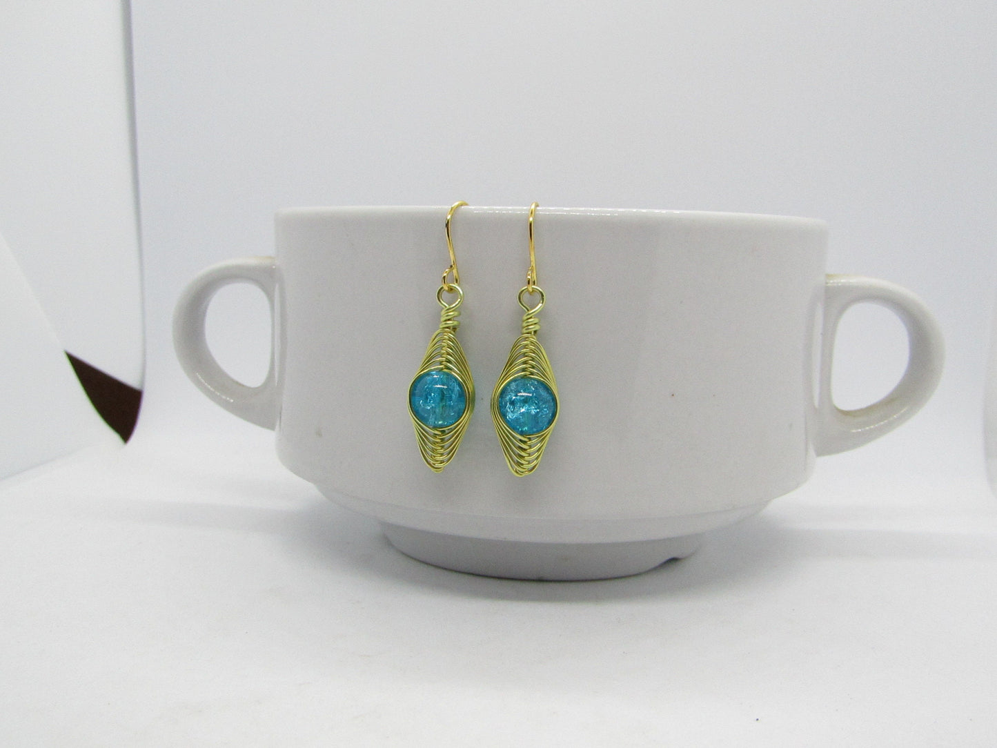 Dainty Blue Crackle Glass Earrings: Gold Herringbone Wire Wrapped