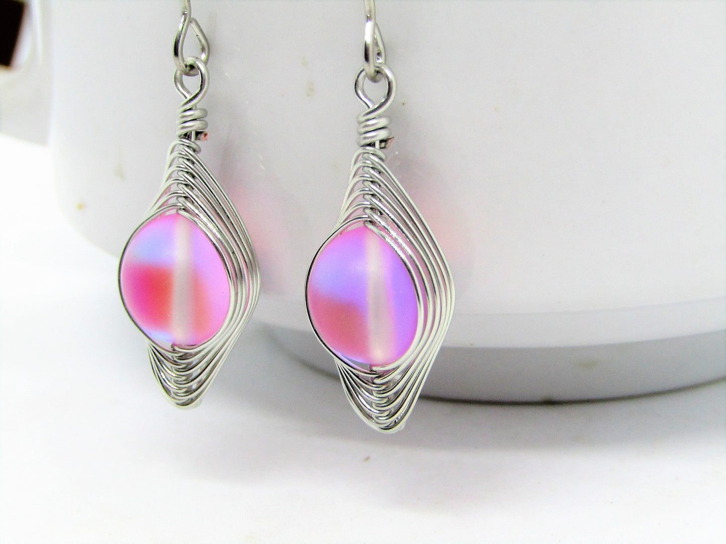 Pink Frosted Glass Dangle Earrings – Sparkly Wire Wrapped Drop Earrings – Handmade Sterling Silver Boho Jewelry Gift for Her