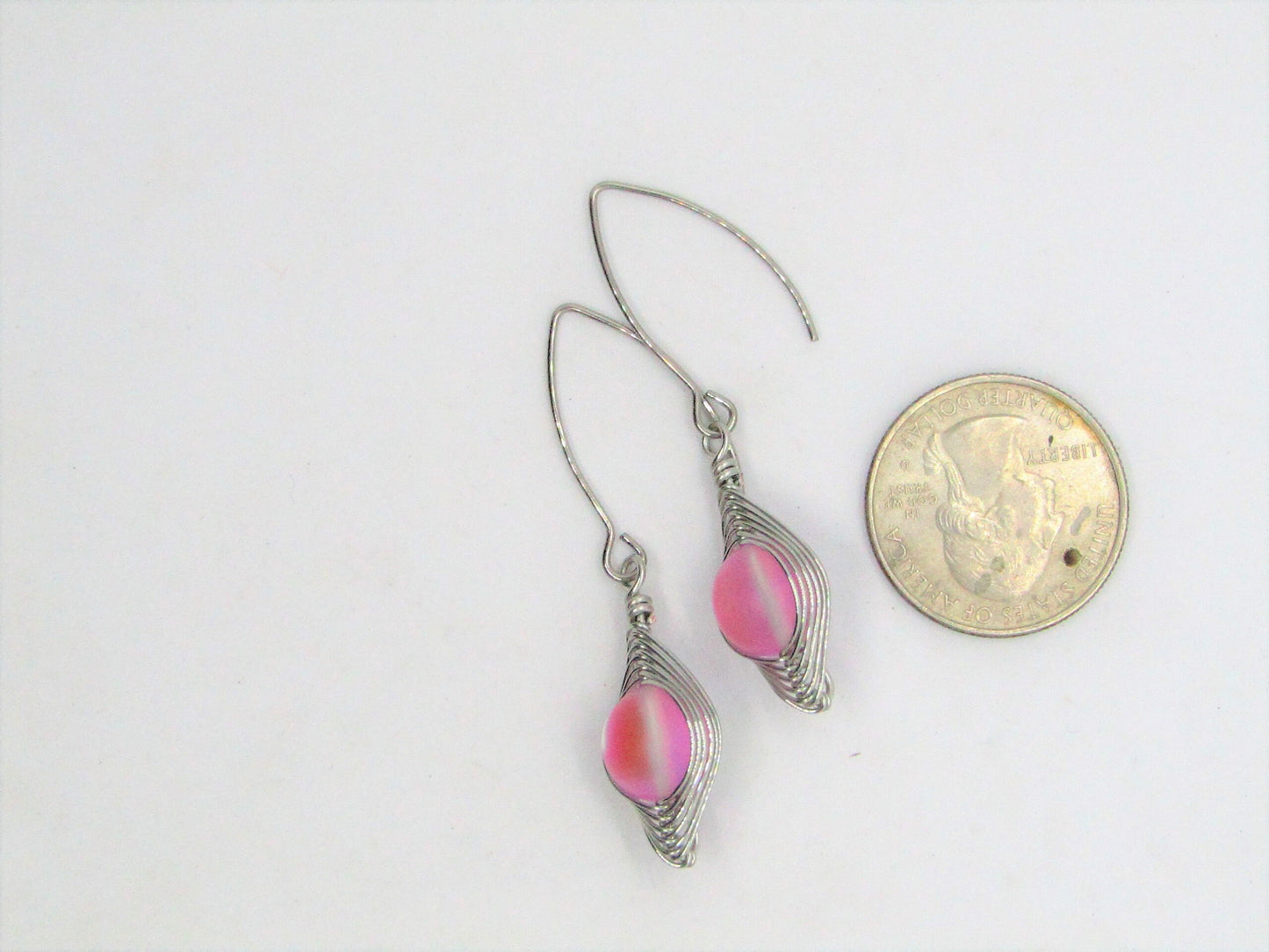 Pink Frosted Glass Dangle Earrings – Sparkly Wire Wrapped Drop Earrings – Handmade Sterling Silver Boho Jewelry Gift for Her