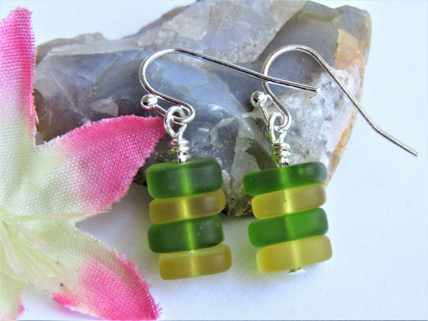Stacked Sea Glass Dangle Earrings: Sterling Silver, Oregon Ducks Colors