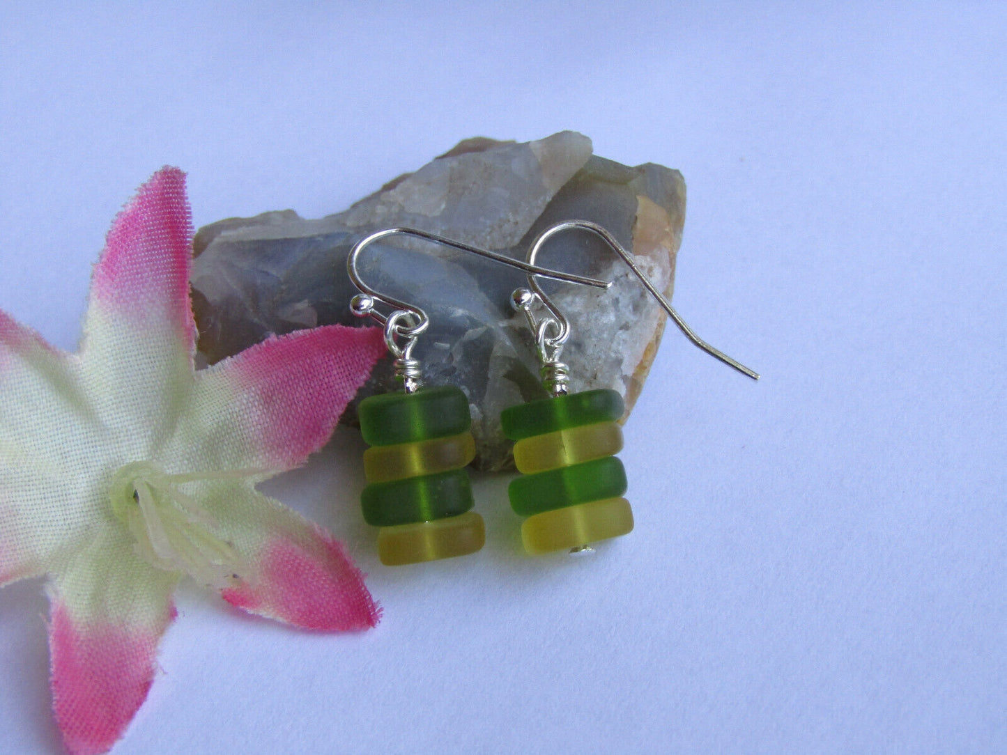 Stacked Sea Glass Dangle Earrings: Sterling Silver, Oregon Ducks Colors