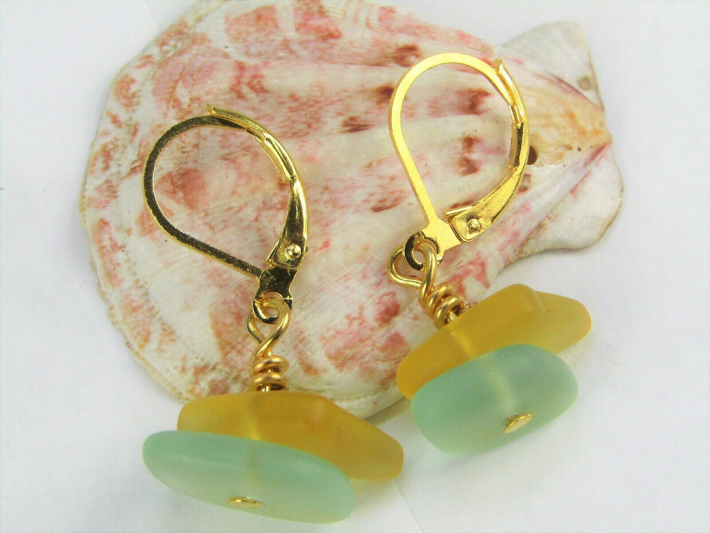 Sea Glass Dangle Earrings: Handmade 14k Gold Leverback Jewelry