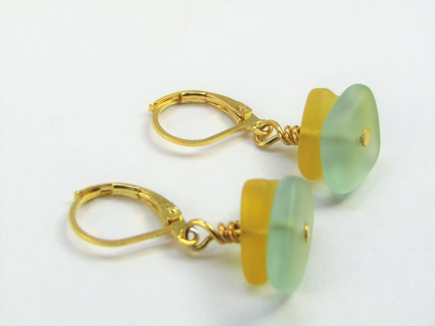 Sea Glass Dangle Earrings: Handmade 14k Gold Leverback Jewelry