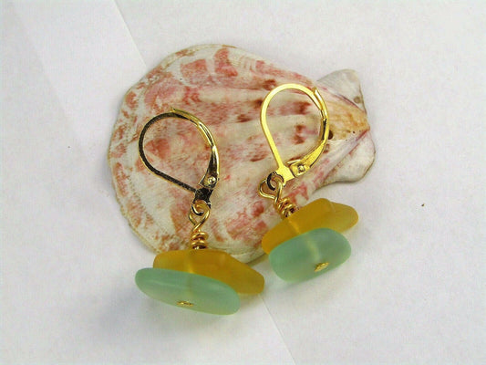 Sea Glass Dangle Earrings: Handmade 14k Gold Leverback Jewelry
