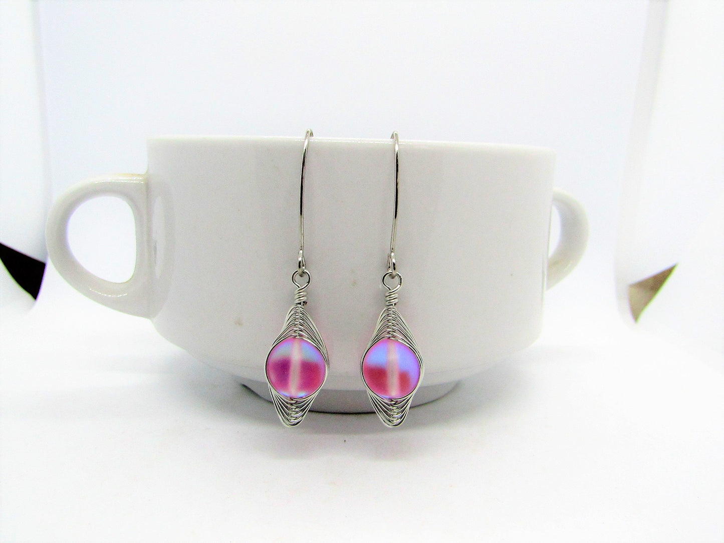 Pink Frosted Glass Dangle Earrings – Sparkly Wire Wrapped Drop Earrings – Handmade Sterling Silver Boho Jewelry Gift for Her