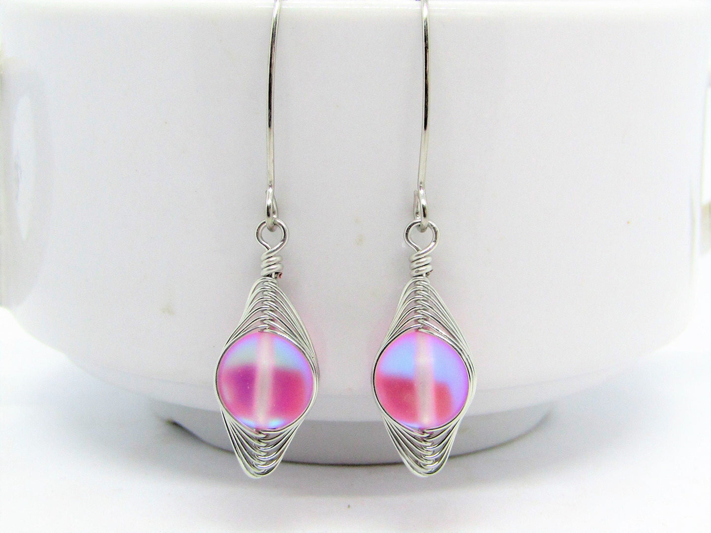 Pink Frosted Glass Dangle Earrings – Sparkly Wire Wrapped Drop Earrings – Handmade Sterling Silver Boho Jewelry Gift for Her