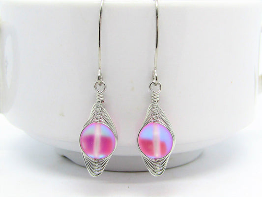 Pink Frosted Glass Dangle Earrings – Sparkly Wire Wrapped Drop Earrings – Handmade Sterling Silver Boho Jewelry Gift for Her
