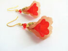 Beige Flower Dangle Earrings: Gold Floral Bead Caps, Red Crystal