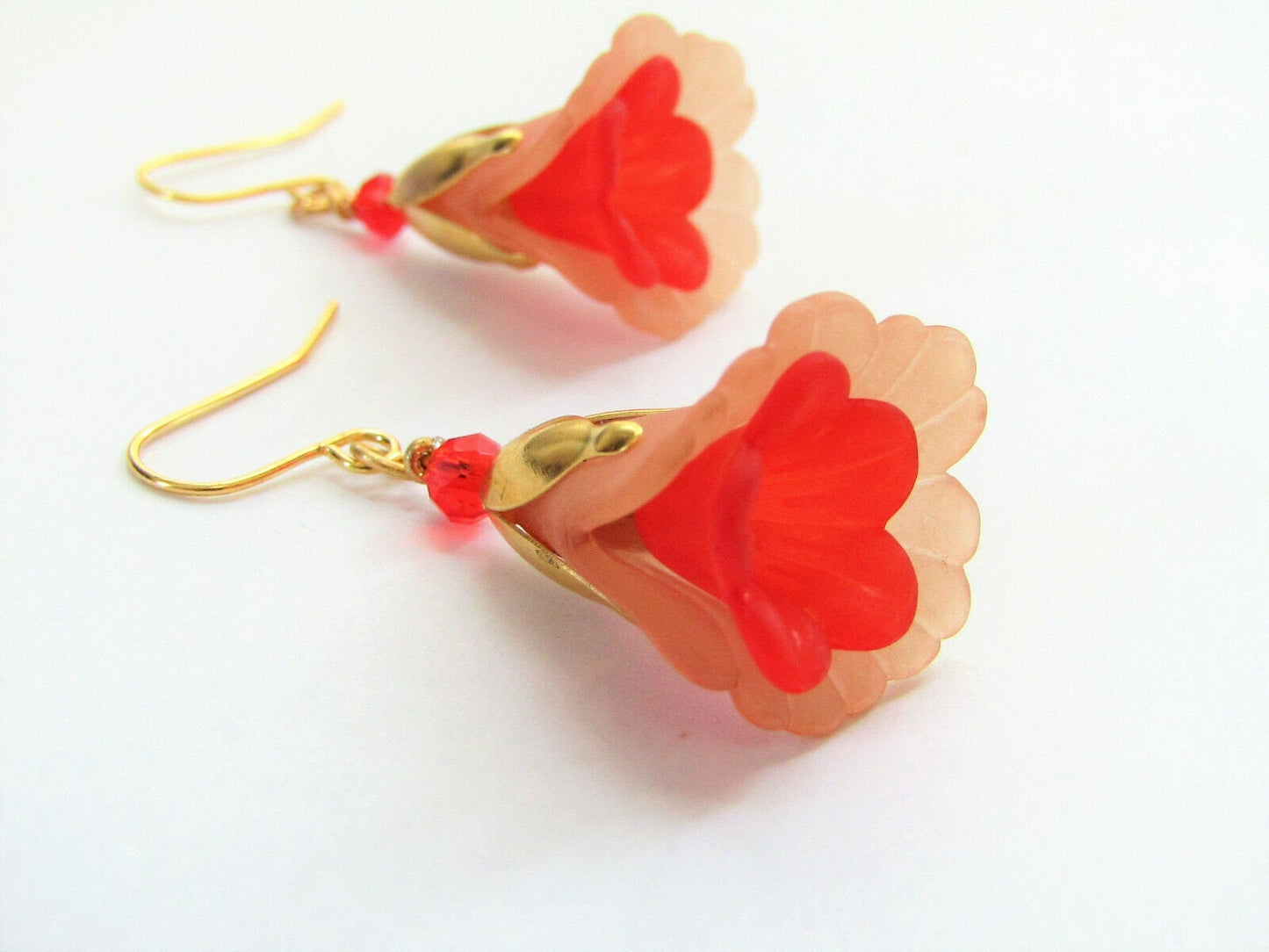 Beige Flower Dangle Earrings: Gold Floral Bead Caps, Red Crystal
