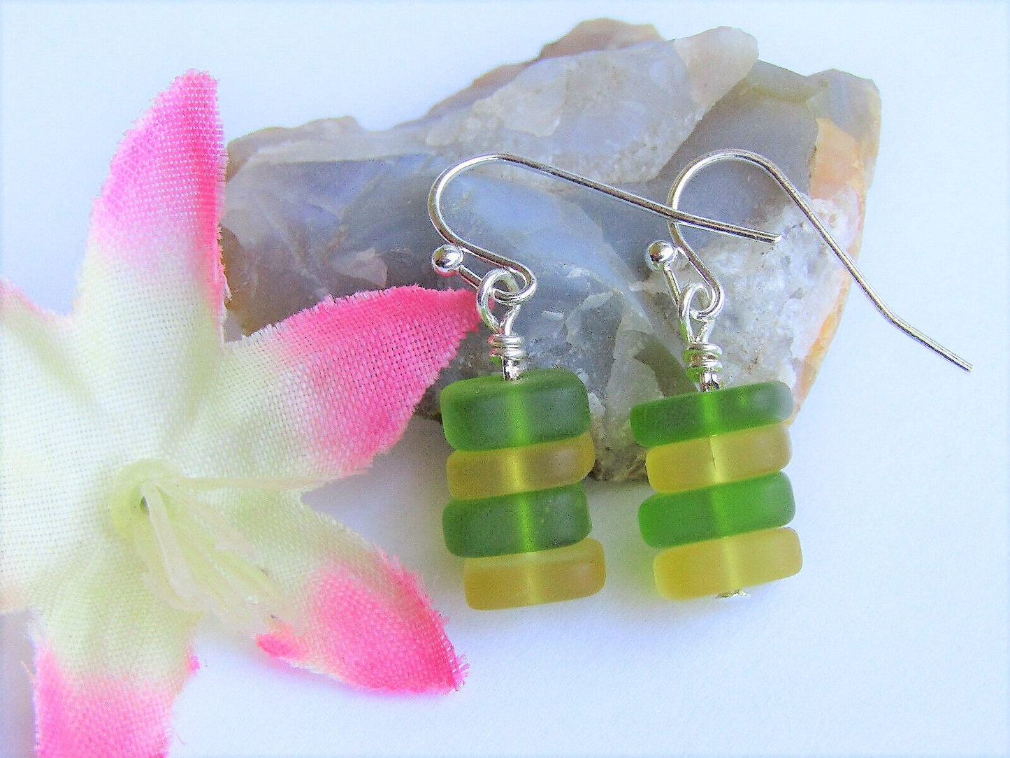 Stacked Sea Glass Dangle Earrings: Sterling Silver, Oregon Ducks Colors