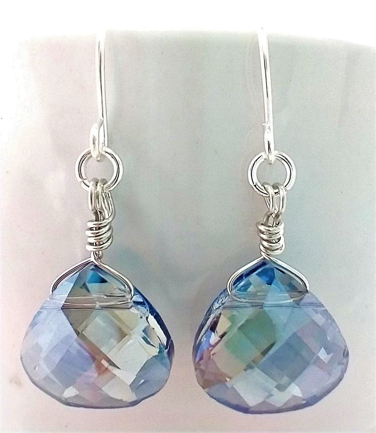 Iolite Blue Crystal Teardrop Earrings: Dainty Silver Dangle Jewelry